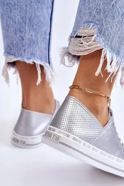 Damskie Skórzane Niskie Trampki Big Star LL274016 Srebrne