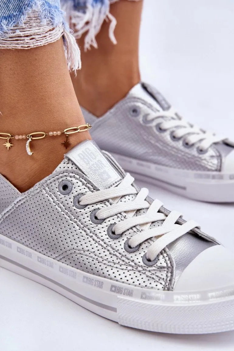Damskie Skórzane Niskie Trampki Big Star LL274016 Srebrne