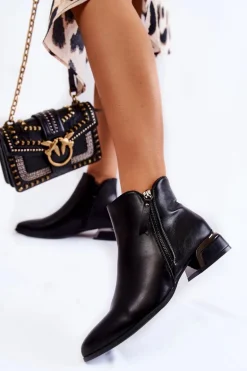 Damskie Skórzane Ocieplane Botki Czarne Laufey