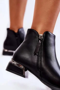 Damskie Skórzane Ocieplane Botki Czarne Laufey