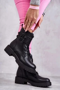 Damskie Skórzane Ocieplane Botki Czarne Silvor