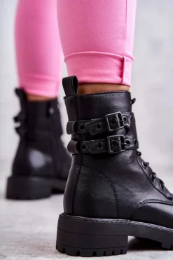 Damskie Skórzane Ocieplane Botki Czarne Silvor