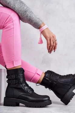 Damskie Skórzane Ocieplane Botki Czarne Silvor