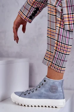 Damskie Skórzane Ocieplane Trampki Big Star EE274115 Jasnoniebieskie