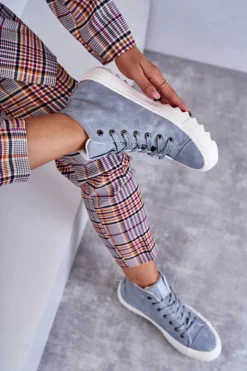 Damskie Skórzane Ocieplane Trampki Big Star EE274115 Jasnoniebieskie