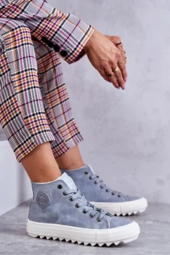 Damskie Skórzane Ocieplane Trampki Big Star EE274115 Jasnoniebieskie