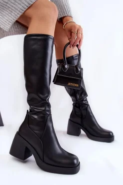 Damskie Skórzane Ocieplane Kozaki Na Zamek Czarne Slavis