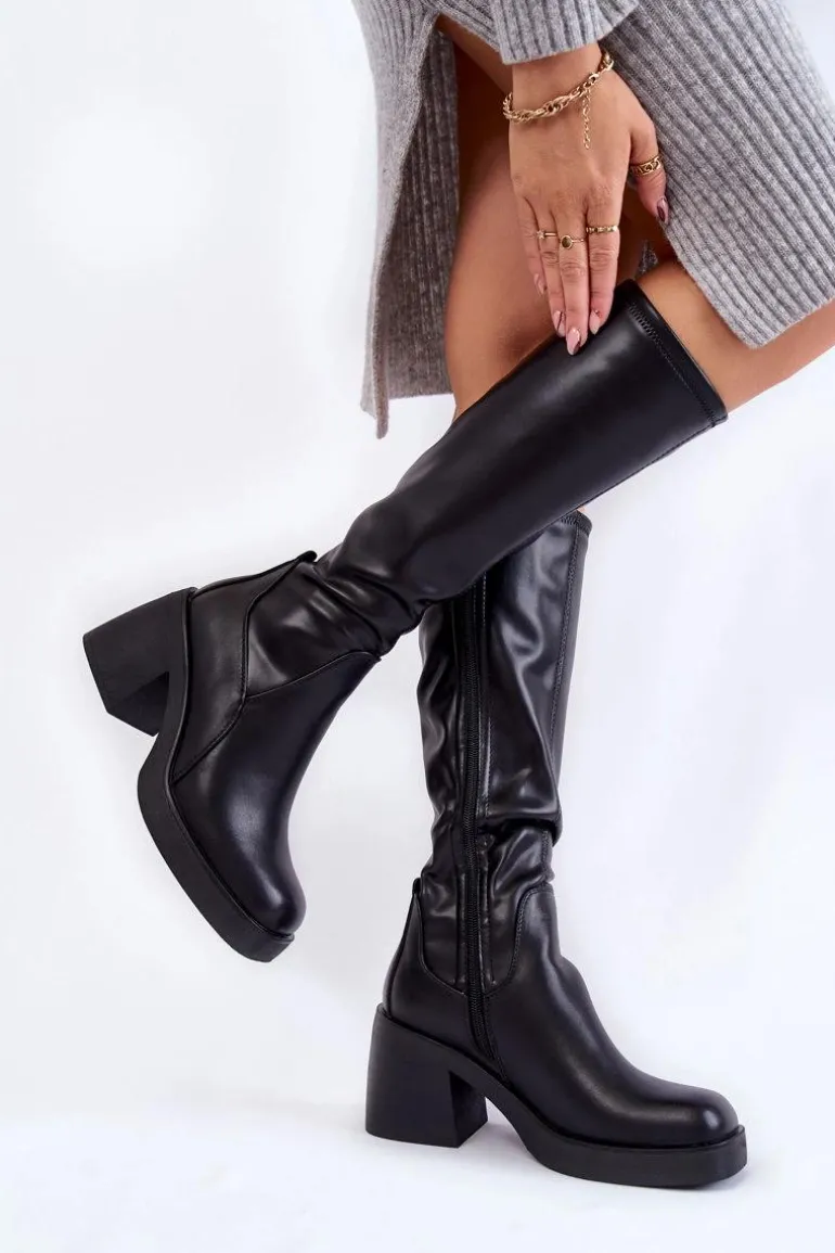 Damskie Skórzane Ocieplane Kozaki Na Zamek Czarne Slavis