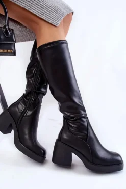Damskie Skórzane Ocieplane Kozaki Na Zamek Czarne Slavis