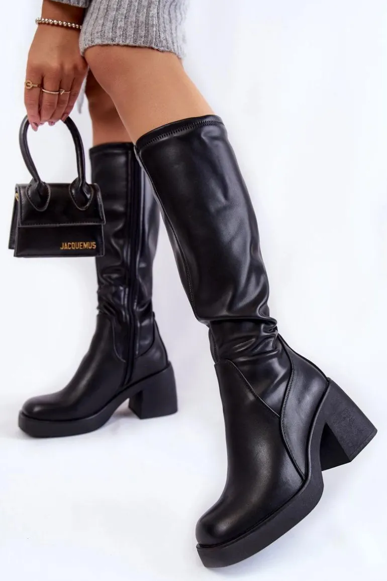 Damskie Skórzane Ocieplane Kozaki Na Zamek Czarne Slavis