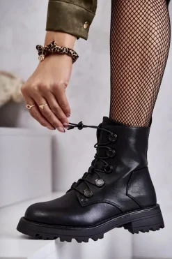 Damskie Skórzane Ocieplane Botki Ze Ściągaczem Czarne Helia