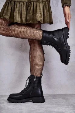 Damskie Skórzane Ocieplane Botki Ze Ściągaczem Czarne Helia