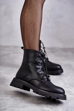 Damskie Skórzane Ocieplane Botki Ze Ściągaczem Czarne Helia