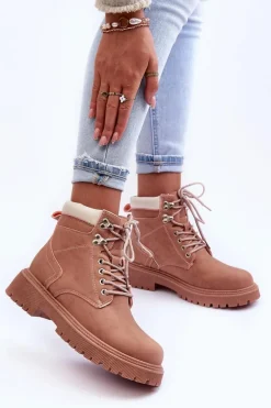 Damskie Skórzane Ocieplane Trapery Różowe Poles