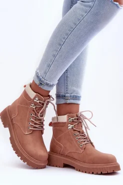 Damskie Skórzane Ocieplane Trapery Różowe Poles