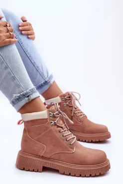 Damskie Skórzane Ocieplane Trapery Różowe Poles