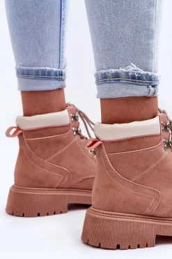 Damskie Skórzane Ocieplane Trapery Różowe Poles