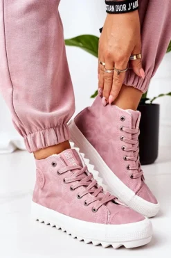 Damskie Skórzane Ocieplane Trampki Big Star EE274113 Różowe