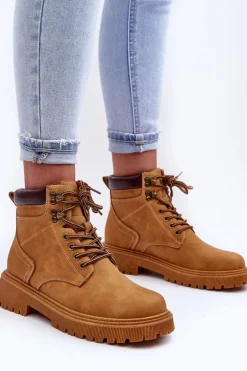 Damskie Skórzane Ocieplane Trapery Brązowe Poles