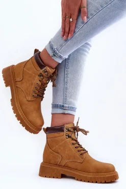 Damskie Skórzane Ocieplane Trapery Brązowe Poles