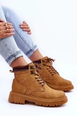 Damskie Skórzane Ocieplane Trapery Brązowe Poles