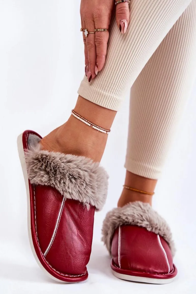 Damskie Skórzane Papcie Z Futerkiem Czerwone Rossa