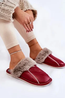 Damskie Skórzane Papcie Z Futerkiem Czerwone Rossa
