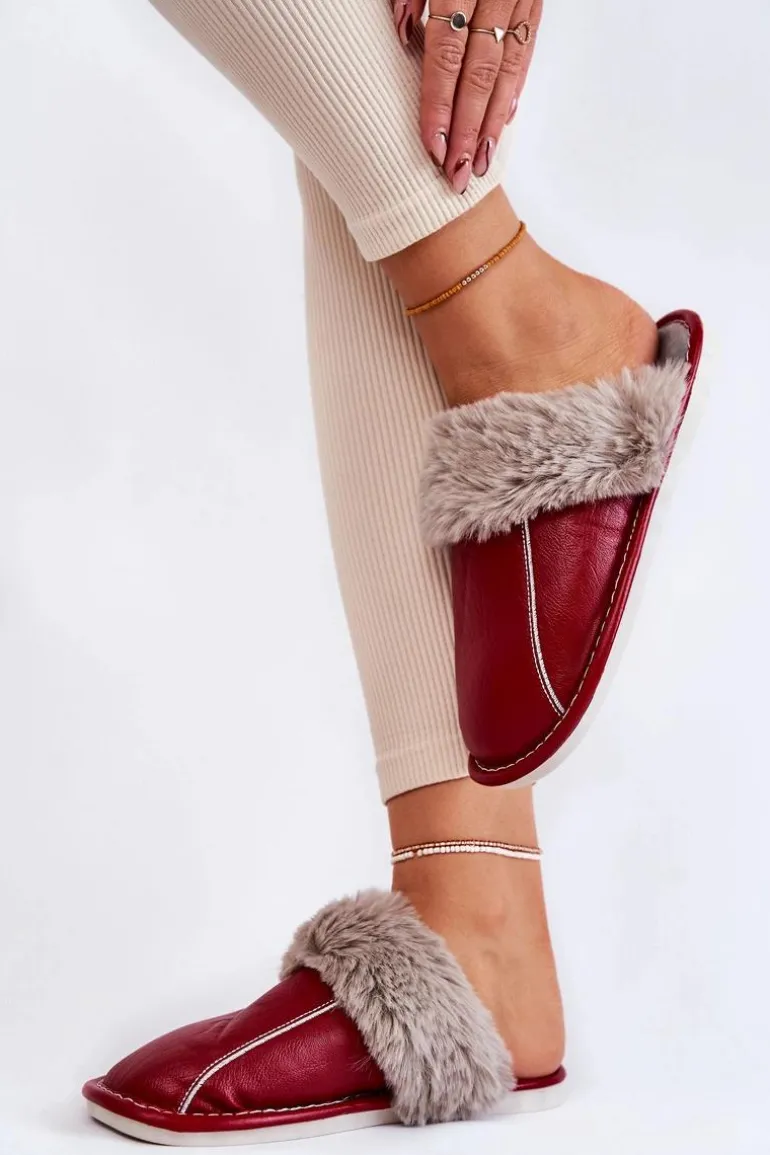 Damskie Skórzane Papcie Z Futerkiem Czerwone Rossa