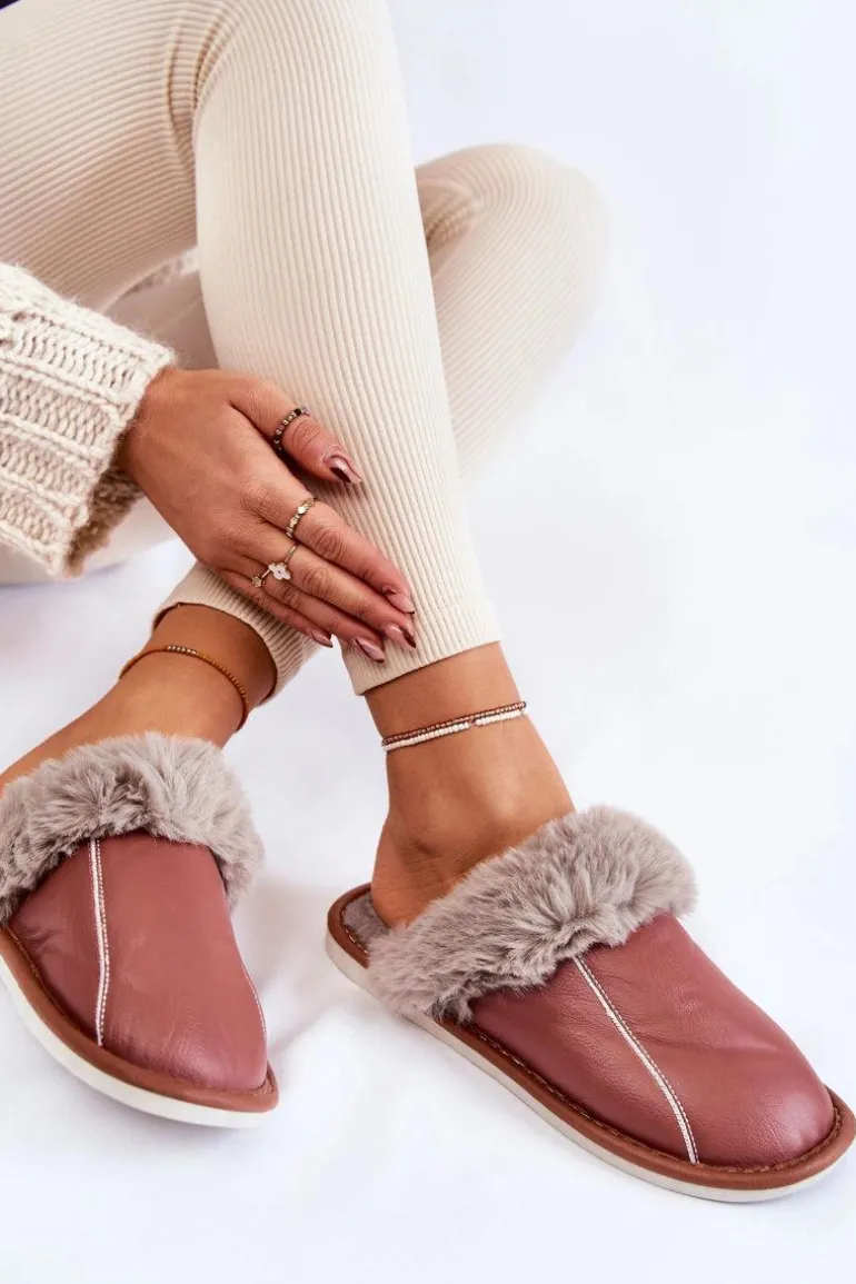 Damskie Skórzane Papcie Z Futerkiem Ciemnoróżowe Rossa