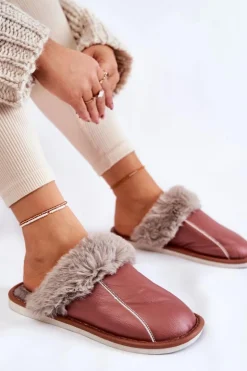 Damskie Skórzane Papcie Z Futerkiem Ciemnoróżowe Rossa