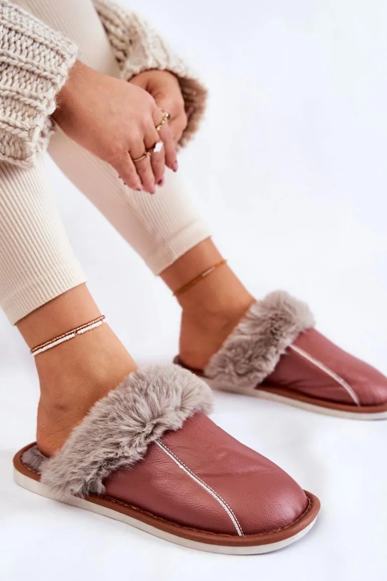 Damskie Skórzane Papcie Z Futerkiem Ciemnoróżowe Rossa