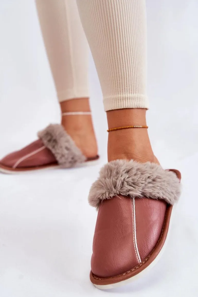 Damskie Skórzane Papcie Z Futerkiem Ciemnoróżowe Rossa