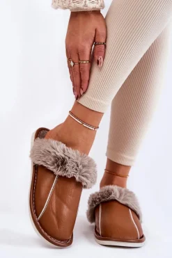 Damskie Skórzane Papcie Z Futerkiem Brązowe Rossa