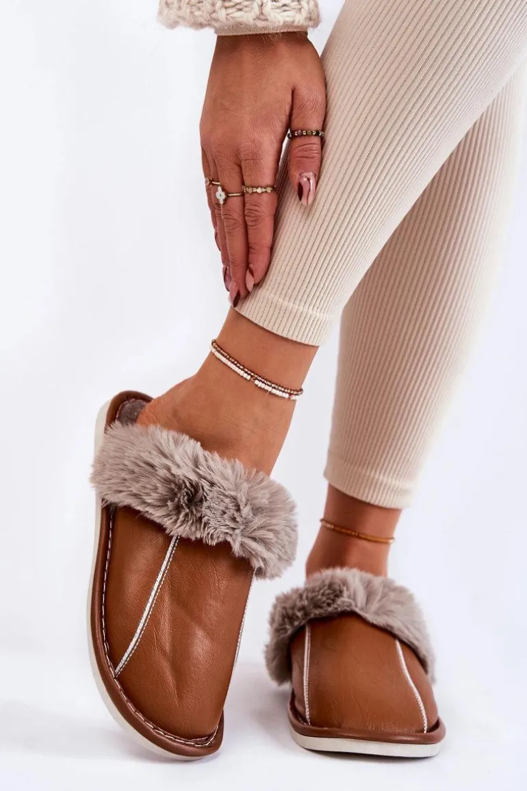 Damskie Skórzane Papcie Z Futerkiem Brązowe Rossa