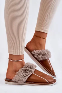 Damskie Skórzane Papcie Z Futerkiem Brązowe Rossa