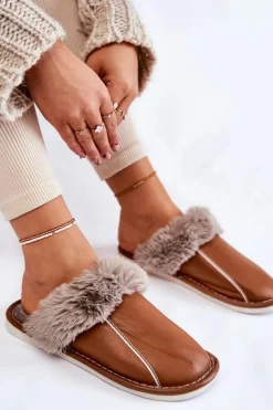 Damskie Skórzane Papcie Z Futerkiem Brązowe Rossa