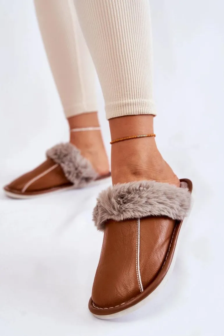 Damskie Skórzane Papcie Z Futerkiem Brązowe Rossa