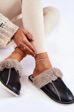 Damskie Skórzane Papcie Z Futerkiem Czarne Rossa