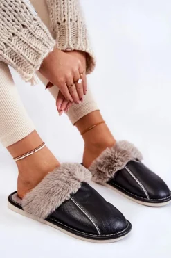 Damskie Skórzane Papcie Z Futerkiem Czarne Rossa