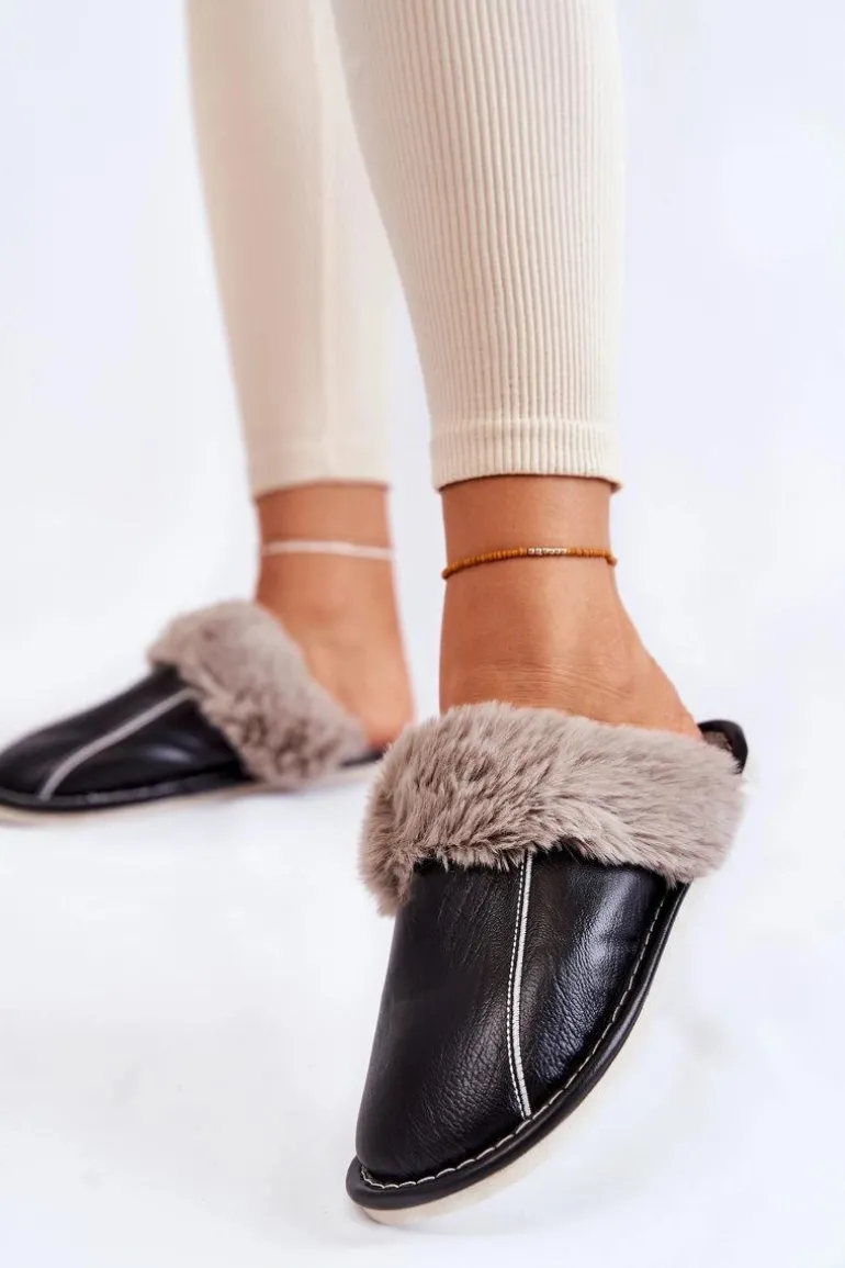 Damskie Skórzane Papcie Z Futerkiem Czarne Rossa