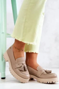 Damskie Skórzane Półbuty Frędzle Maciejka 05497-04 Beżowe