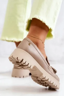 Damskie Skórzane Półbuty Frędzle Maciejka 05497-04 Beżowe