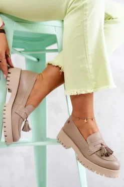 Damskie Skórzane Półbuty Frędzle Maciejka 05497-04 Beżowe