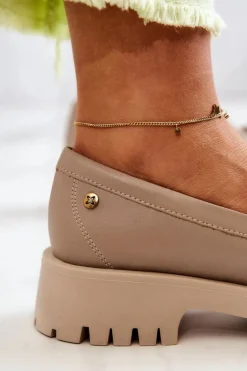 Damskie Skórzane Półbuty Frędzle Maciejka 05497-04 Beżowe