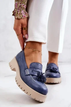 Damskie Skórzane Półbuty Frędzle Maciejka 05497-17 Niebieskie