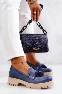 Damskie Skórzane Półbuty Frędzle Maciejka 05497-17 Niebieskie