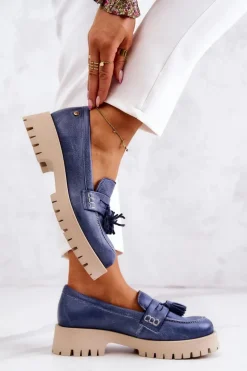 Damskie Skórzane Półbuty Frędzle Maciejka 05497-17 Niebieskie