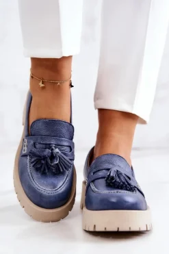 Damskie Skórzane Półbuty Frędzle Maciejka 05497-17 Niebieskie