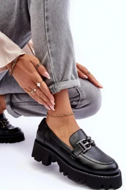 Damskie Skórzane Półbuty Loafersy Z Ozdobą Laura Messi 2699 Czarne