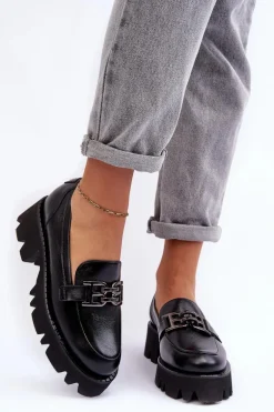 Damskie Skórzane Półbuty Loafersy Z Ozdobą Laura Messi 2699 Czarne